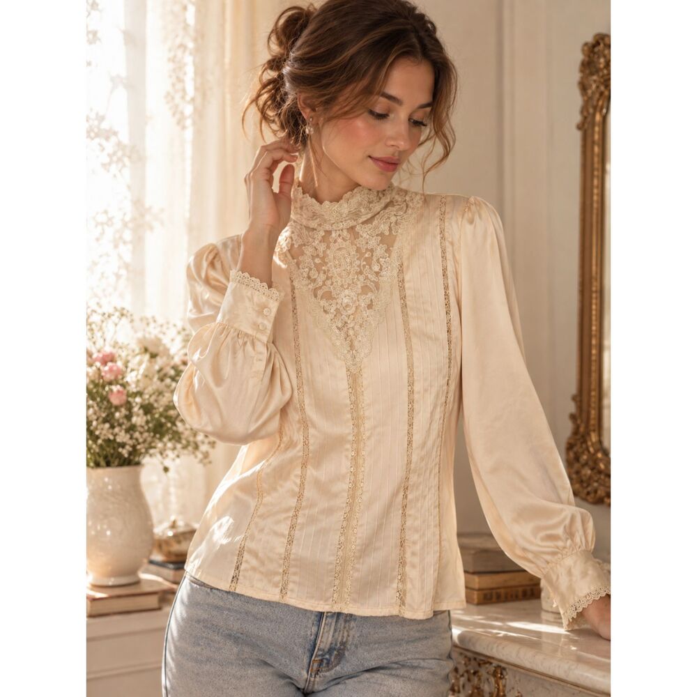 Vintage Investments 100% Silk Victorian Blouse Ivory Lace High Neck Puff Sleeve
